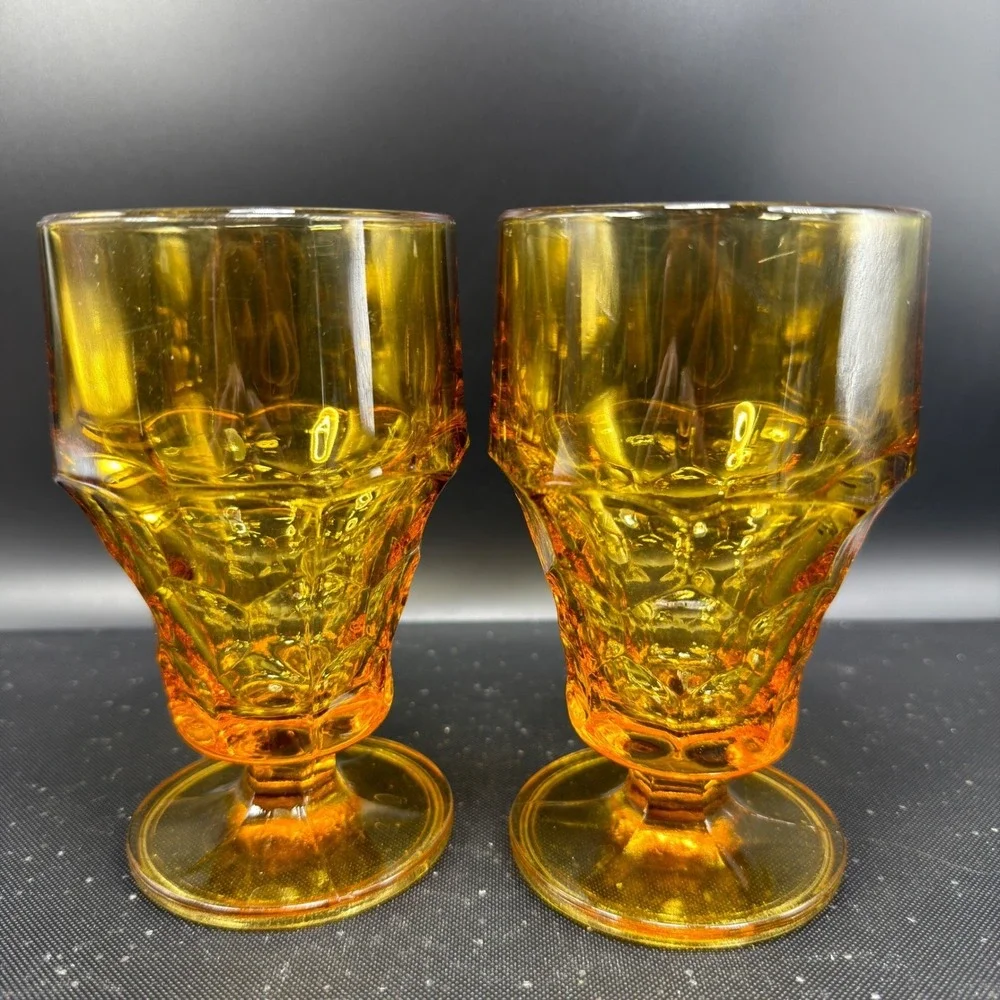 Anchor Hocking Georgian Amber Glass Goblets Thumbprint Whitehall Footed Set of 2